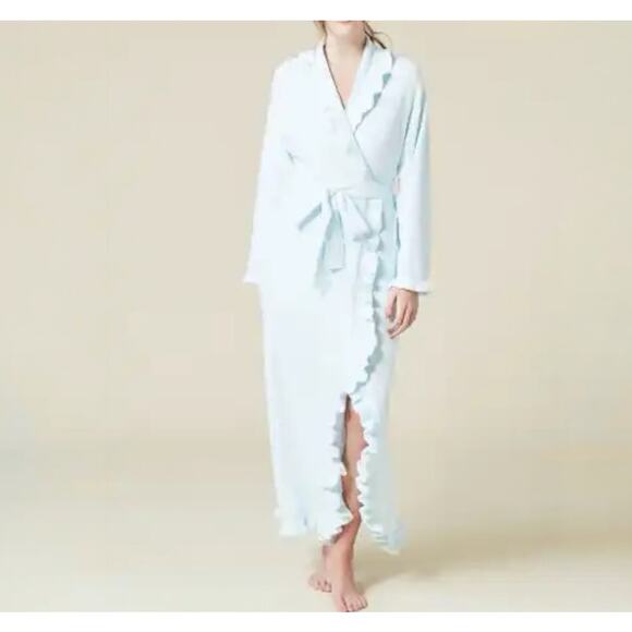 Softies Light Blue Long Chenille Ruffle Robe Cozy Soft Plush Lounge Size Large - Picture 1 of 12